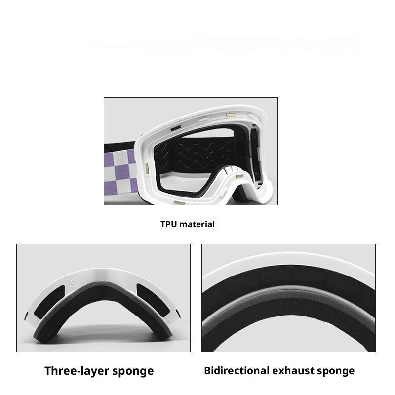 Goggles with TPU material, three-layer sponge, and bidirectional exhaust sponge features on a white background.