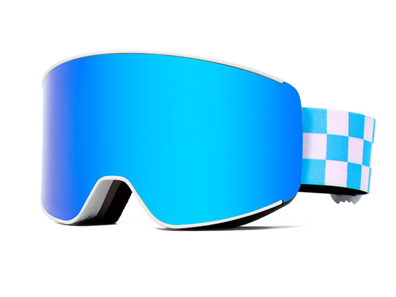 Blue ski goggles with a checkered strap on a white background