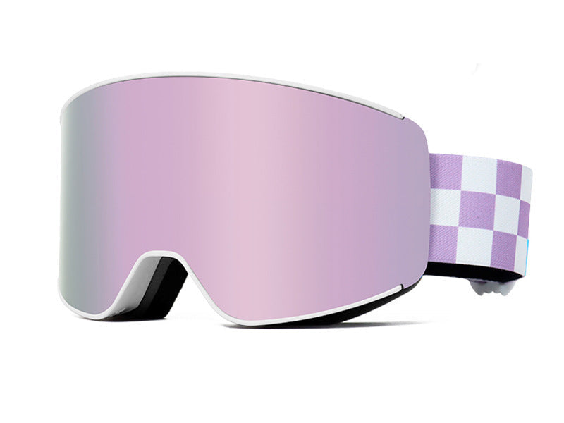 Ski goggles with purple lens and checkered strap 