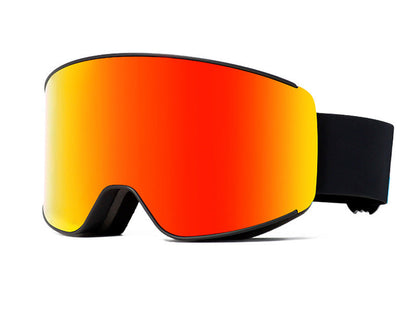 Ski goggles with red-orange lens and black frame, next to a blue box labeled 'Ski Goggles'.