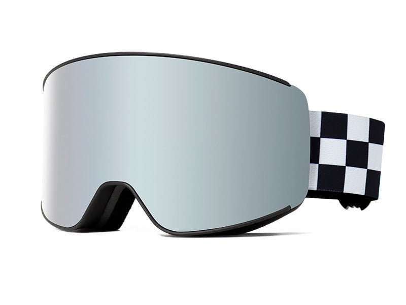 Ski goggles with checkered strap and silver lens